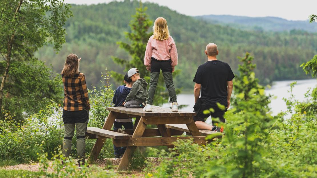 Familj runt ett picknickbord i skogen med utsikt över en sjö.