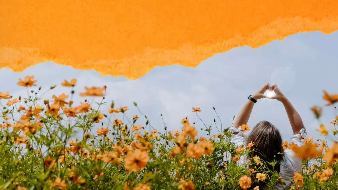 Person står i fält av orangea blommor och lyfter händerna över huvud i form av ett hjärta, ovanför svävar ett rivet oranget papper.