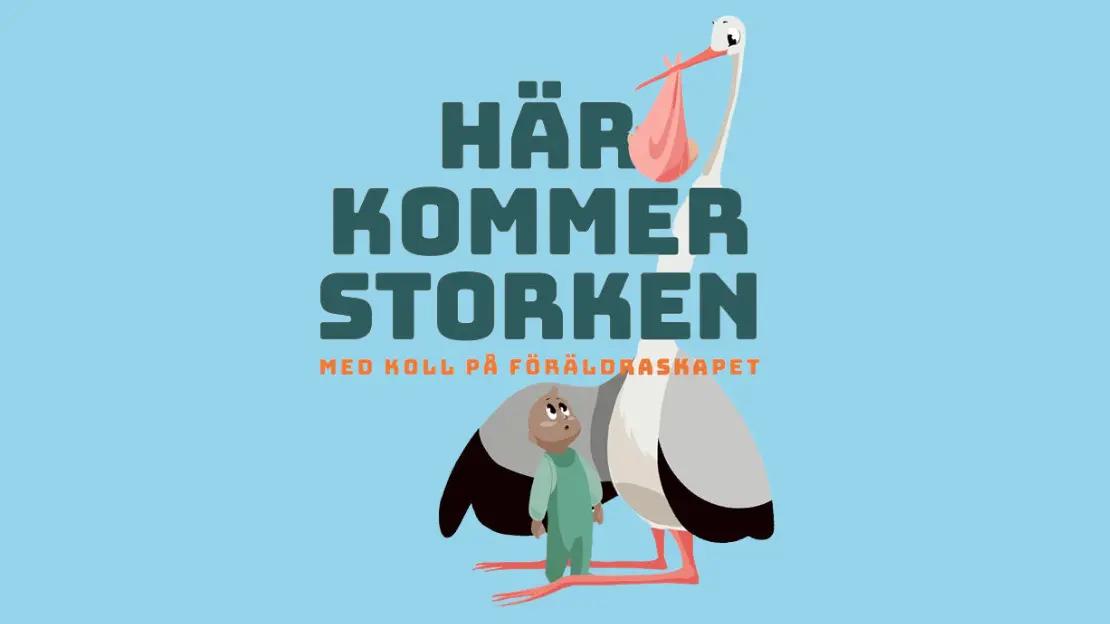 Logga med tecknat stork och barn samt texten Här kommer storken på blå bakgrund.