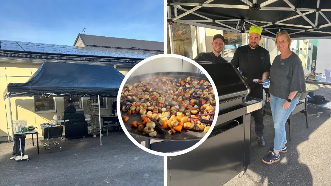 Tre bilder på kriskök utomhus, tgna utanför Kindaholmsskolan.