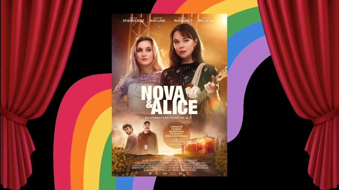 Affisch för filmen Nova & Alice på bakgrund av en regnbåge omramad av röd biografrodå.