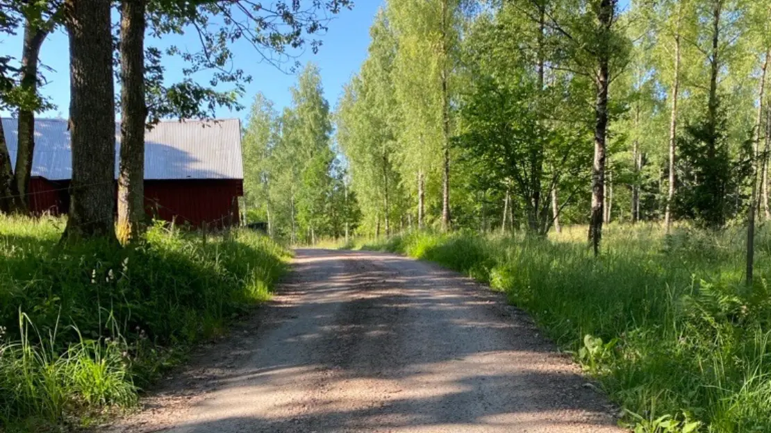 En grusväg jämte en lada i en landsbygd.