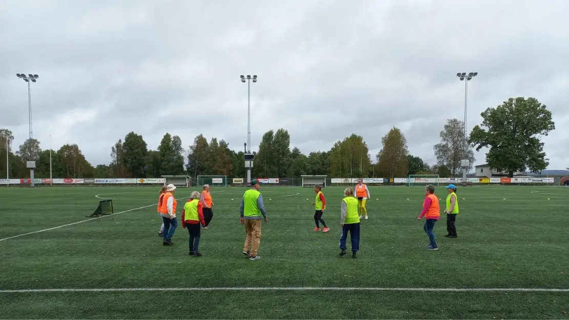 Seniorer spelar på en gräsmatta.