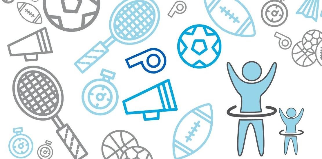 Olika symboler för idrott och sporter i blått och grått.