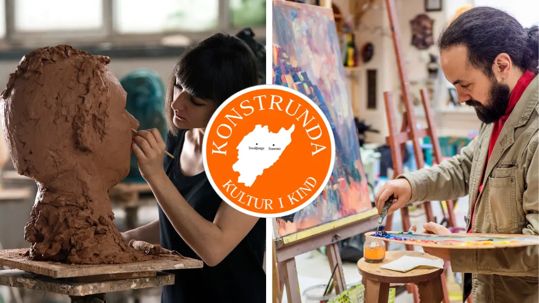 En kvinna som skulpterar och en man som målar.