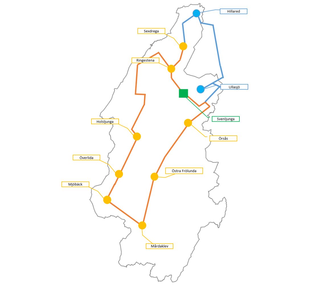 Orange och blå linje som visar var i vår kommun som kommunikationsnätverket ska dras fram till slutet av 2024