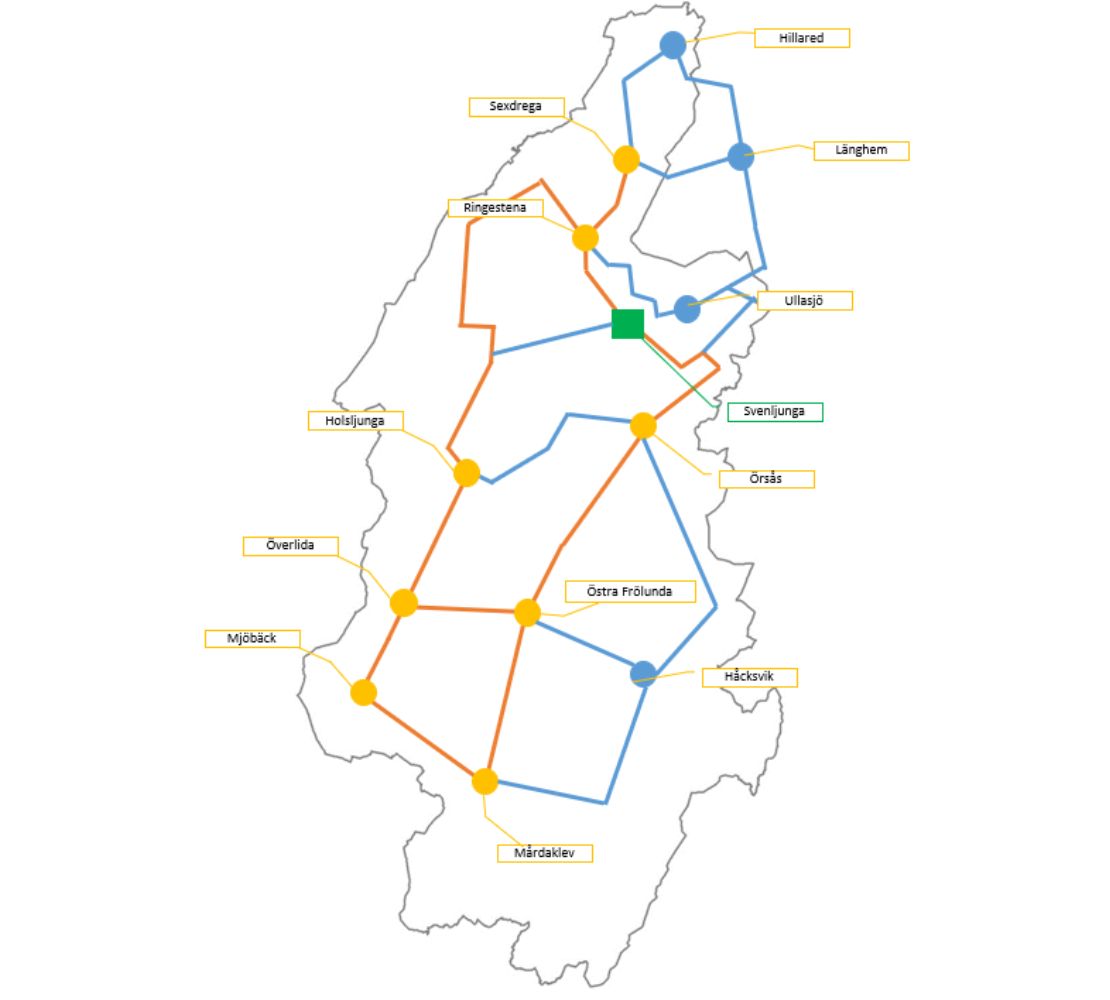Kommunkarta med linjedragning över var kommunikationsnätverket ska dras fram till 2026. Kartan har orangea och blåa linjer  med text över olika områden i kommunen.