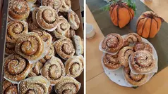 Två bilder. En bild på kanelbullar i en låda. andra bilden på några kanelbullar på fat på ett bord.