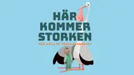 Logga med tecknat stork och barn samt texten Här kommer storken på blå bakgrund.