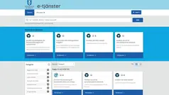 Portal till blanketter och e-tjänster. Blå bakgrund och boxar för varje tjänst.