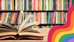 Öppen bok ligger på ett bord i förgrunden, i bakgrunden välfyllda bokhyllor och på sidan en ritad regnbåge.