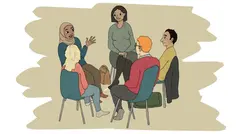 Illustrerad grupp med förälder som pratar i en ring.